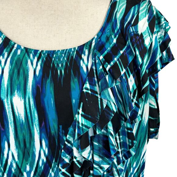 Worthington 1X-Large Top Cap Sleeves Stretch Ruffled Scoop Neck Abstract Multi - Picture 2 of 7